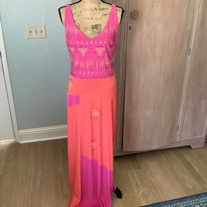 Vtg 90s Y2K Christyne Forti pink orange Gold Beaded embellished bias maxi dress
